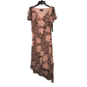 F.L.P. Floral Pink & Brown Sheer Asymmetrical Midi Dress Size 8 Polyester Lining